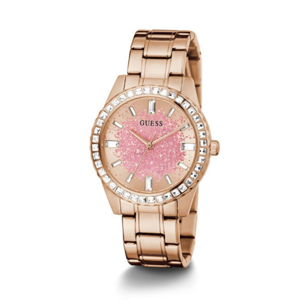 Guess GW0405L3 Glitter Burst je luksuzni ženski sat koji će sigurno privući pažnju svojim šarmom i svetlucavim detaljima.